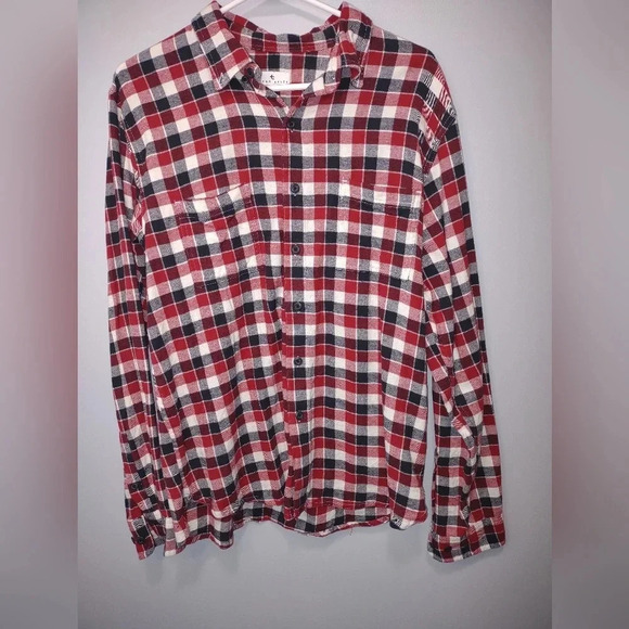 True craft men's L red black cotton flannel button down pockets - Picture 1 of 4